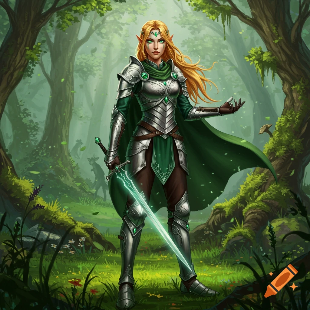 An elven warrior with blonde hair and green eyes in silver and green armor, holding a glowing green sword in a lush forest.