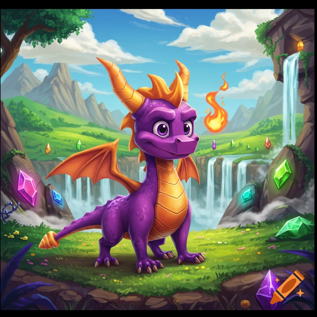 A stylized purple dragon with orange horns and wings stands in a vibrant green fantasy valley with waterfalls, mountains, and glowing gems.