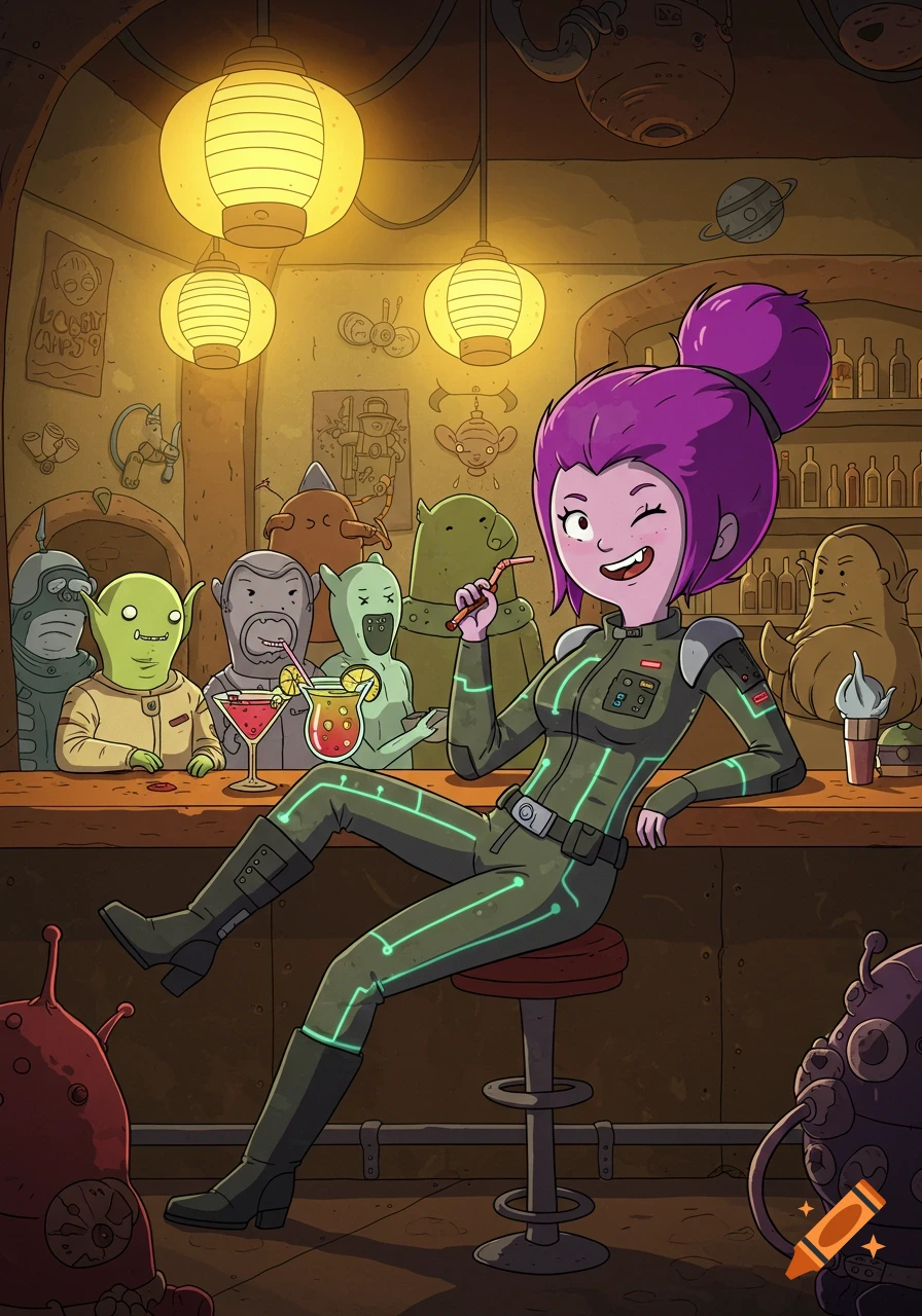 A purple-haired space rogue winks while sitting at a bar in a sci-fi cantina with alien patrons, in Adventure Time style.