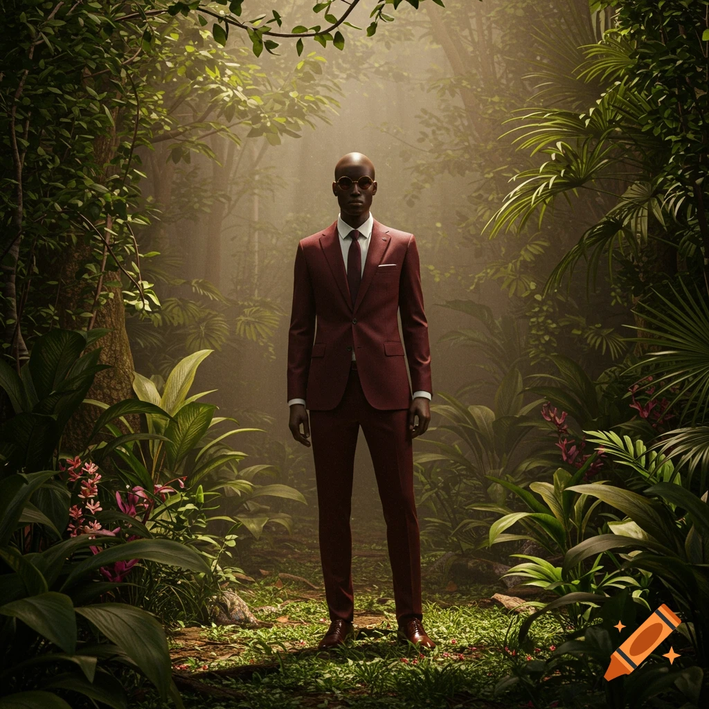 A bald man in a maroon suit stands in a lush, misty jungle, looking directly forward. Photorealistic.