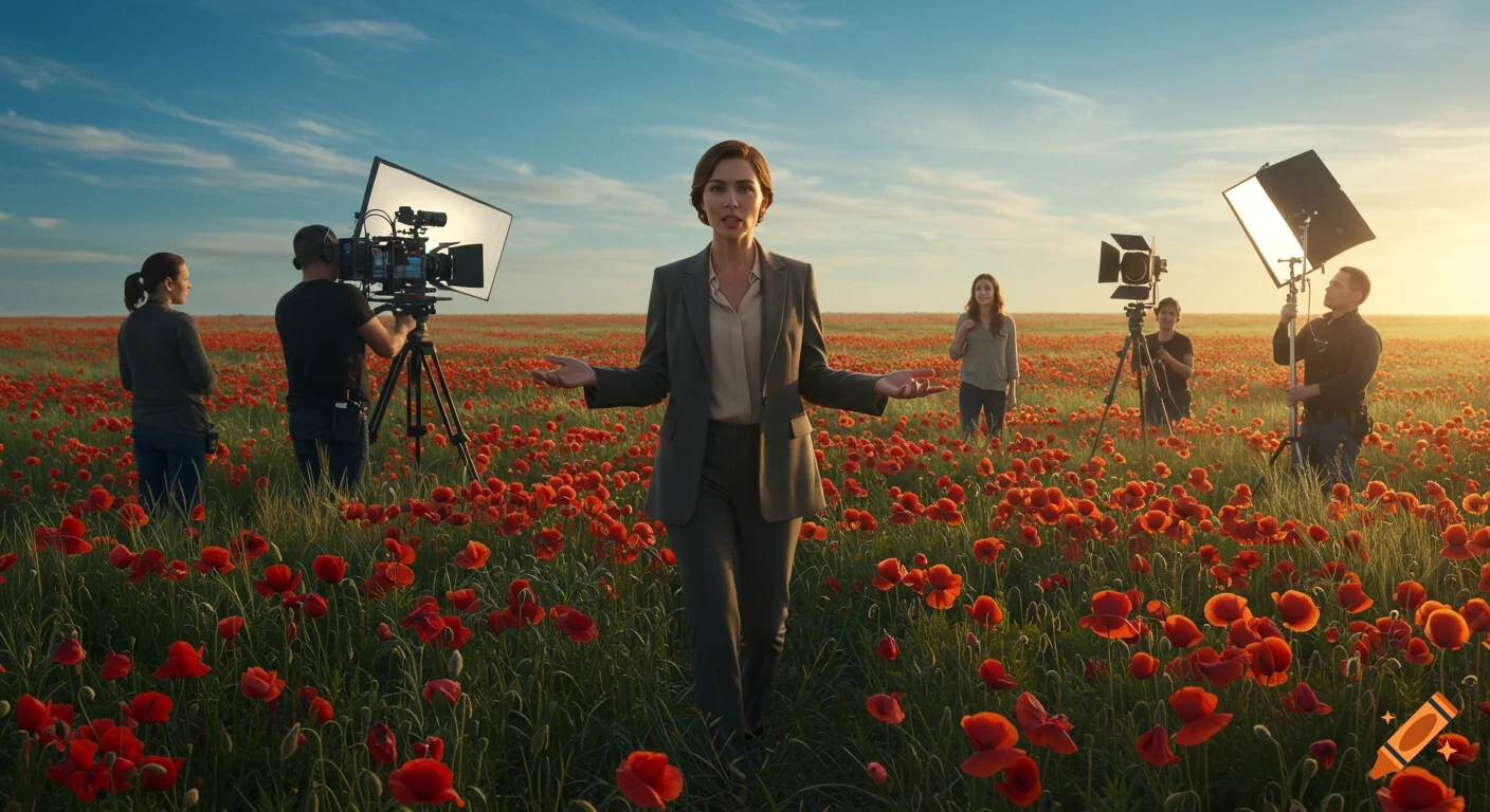 A woman in a suit speaks in a vibrant poppy field while a film crew records her with cameras and lighting equipment at sunset.
