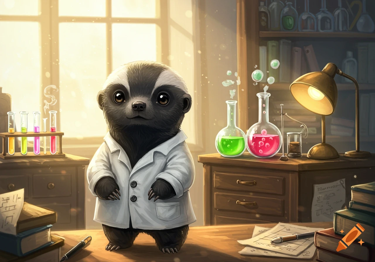 A cute cartoon honey badger in a lab coat stands in a laboratory filled with colorful test tubes and beakers.