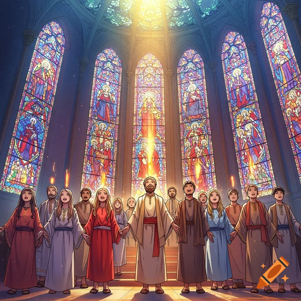 Manga art of a group of people in a grand church with vibrant stained glass windows and divine light from above.