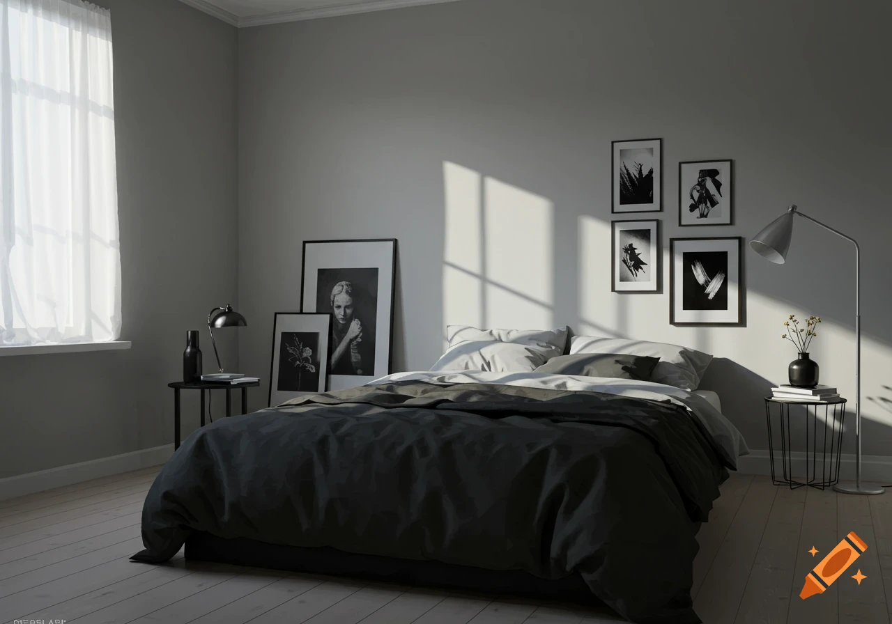 Minimalist bedroom with gray walls, window with white curtains, bed with dark gray bedding, and framed black and white art prints.
