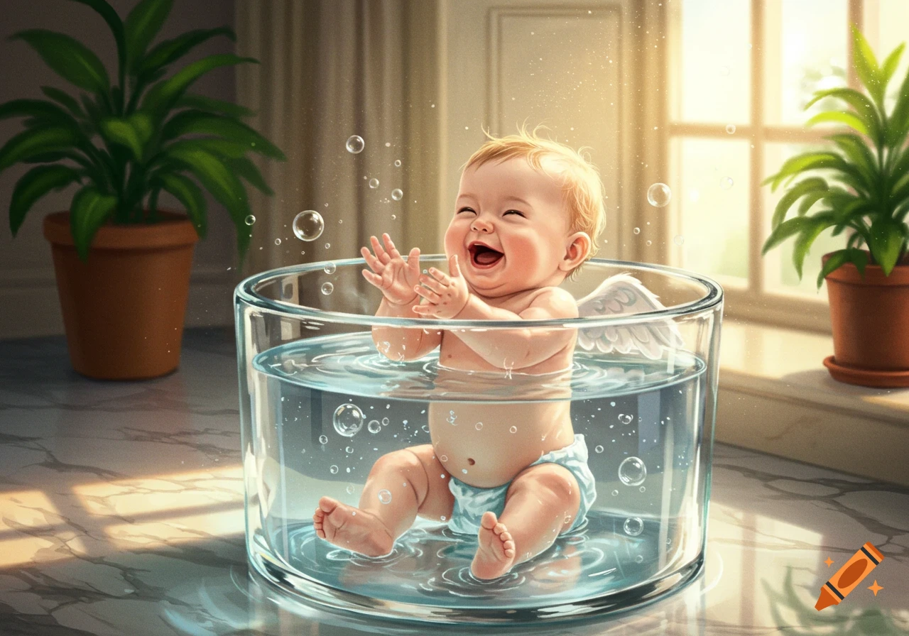 Cheerful baby with tiny wings splashes in a clear glass bowl of water, laughing under sunlight.