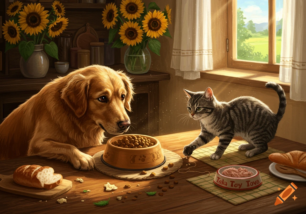 A golden retriever and a tabby cat on a rustic table with food bowls and sunflowers in a sunny kitchen.