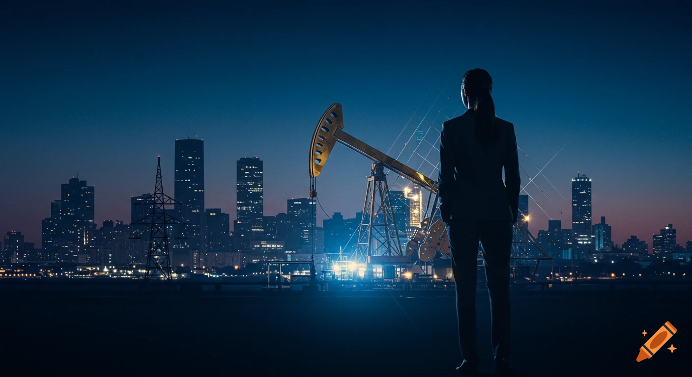 Silhouetted businesswoman overlooks a glowing oil pump and city skyline at night.