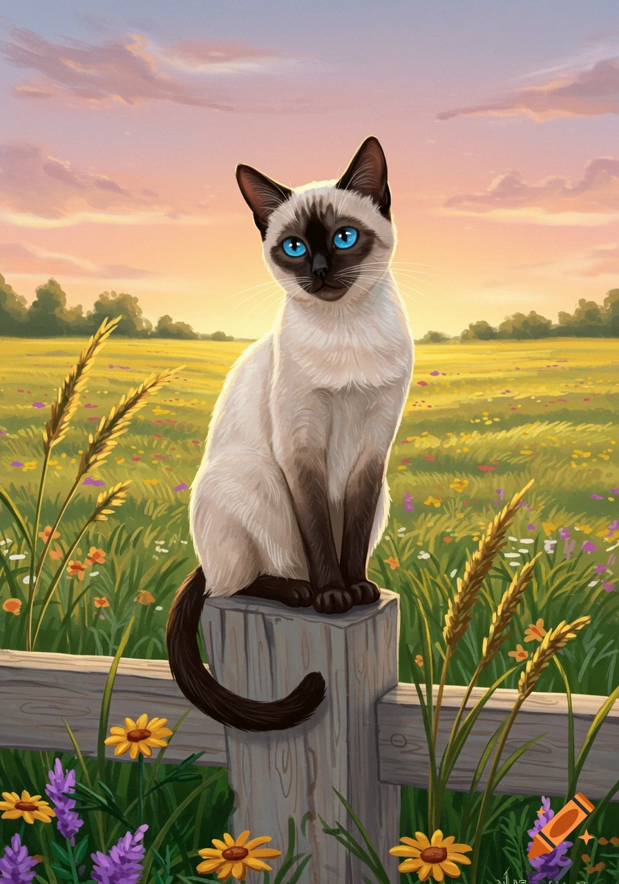 A Siamese cat with bright blue eyes sits on a wooden fence post in a vibrant field of wildflowers at sunset in an illustrative style.