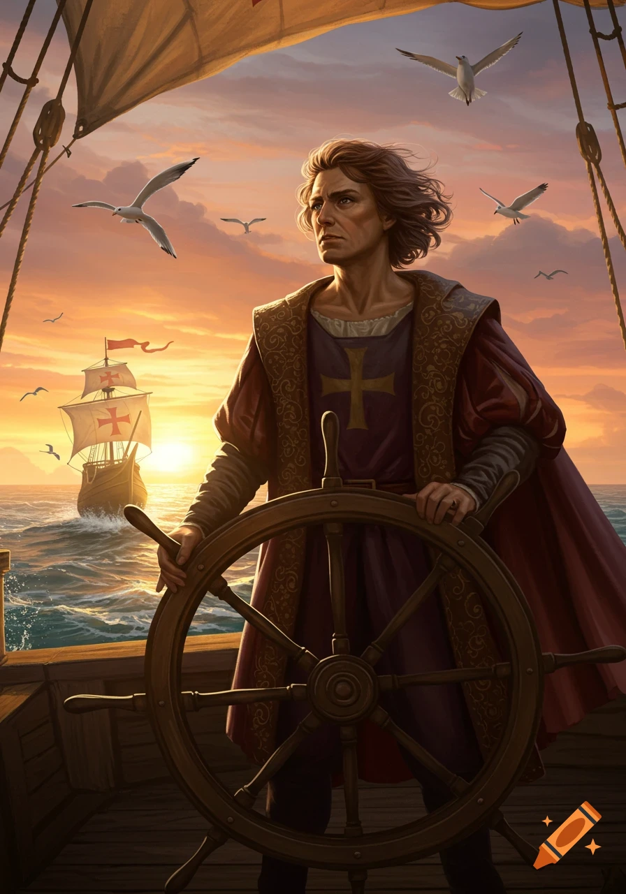 Illustration of Christopher Columbus at a ship's wheel, looking out at a sunset sea with a distant ship and seagulls.