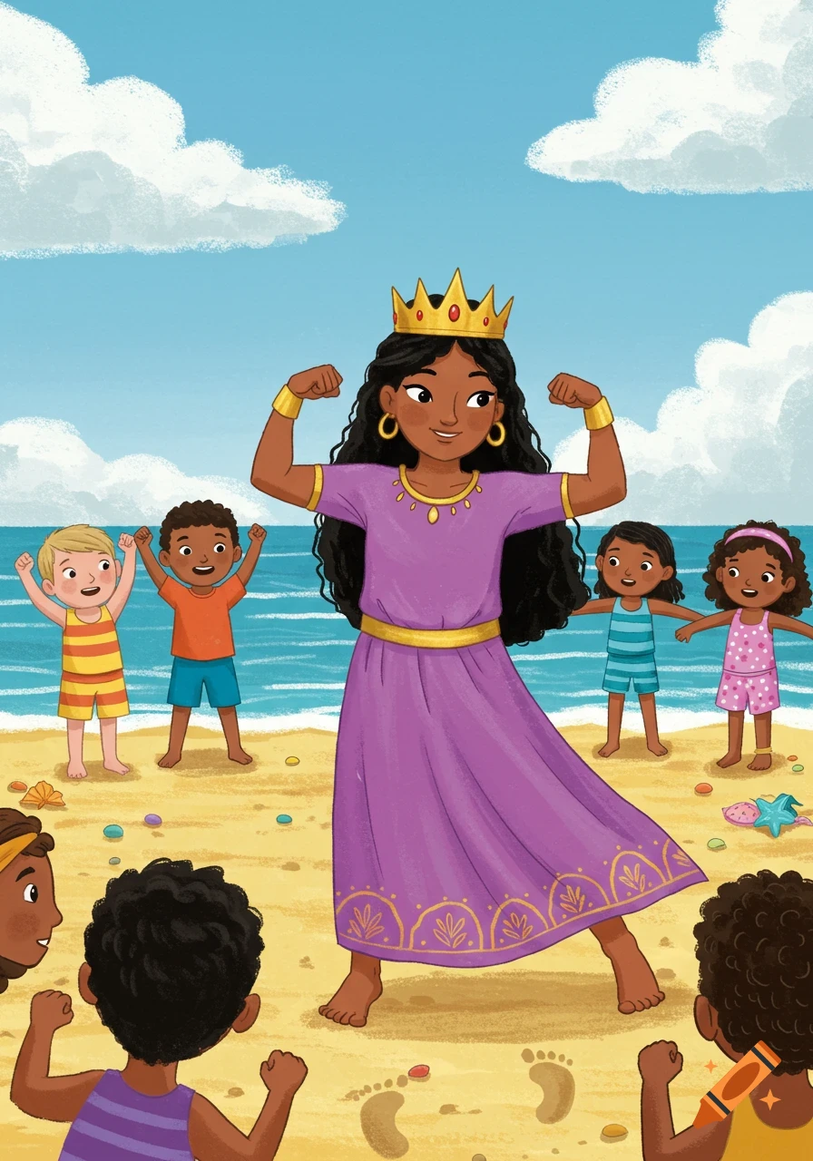 Cartoon Queen Esther in a purple dress and crown flexing muscles on a beach surrounded by children.