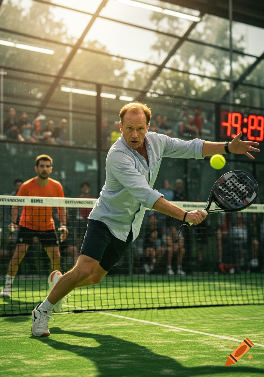 A man in a light blue shirt and dark shorts playing padel on a green court, a yellow ball in mid-air, another player in background.