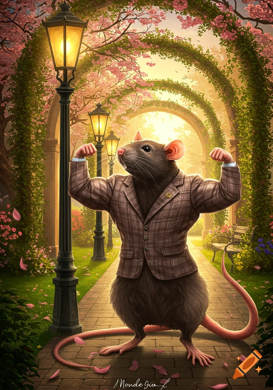 An anthropomorphic rat in a plaid suit jacket flexes its muscles in a vibrant spring garden with pink blossoms and glowing lampposts.