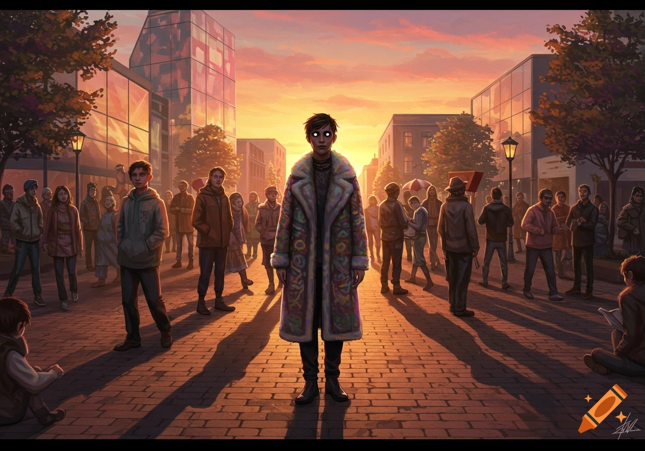 A person with glowing eyes in a colorful patterned coat stands centrally on a cobblestone street at sunset, surrounded by a crowd of indistinct people in an urban setting. Digital art.