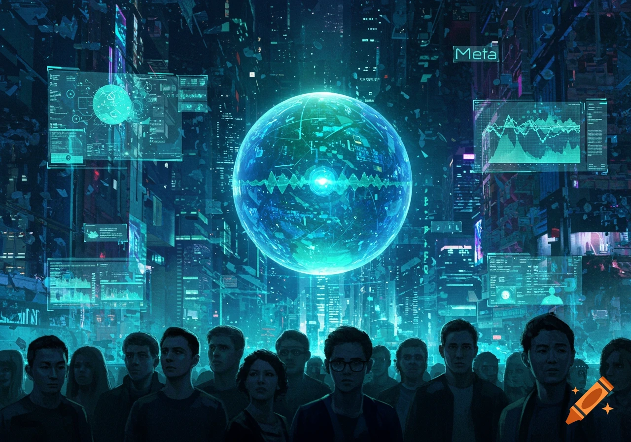 A crowd of diverse people looking up at a glowing blue orb in a futuristic, neon-lit cyberpunk city with holographic screens and data displays, one showing "Meta".
