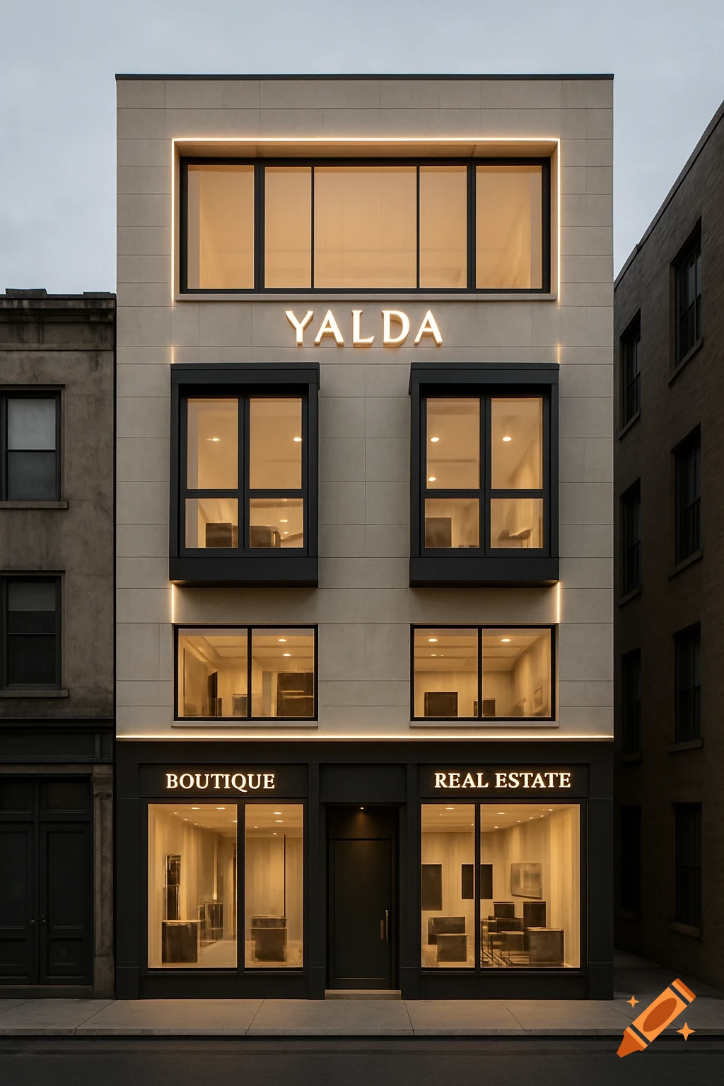 Photorealistic render of a modern 3-story building facade with glowing 'Yalda', 'Boutique', and 'Real Estate' signs.