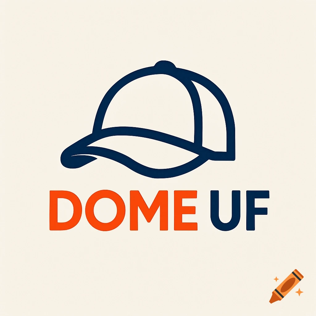 A simple logo with a dark blue outlined baseball cap above the word 'DOME' in orange and 'UF' in dark blue, on a light beige background.