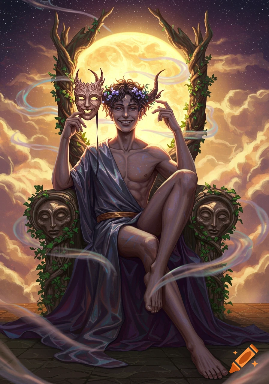 Momos, the god of mockery, sits on an ivy-covered throne, holding a horned mask under a glowing full moon and starry sky.