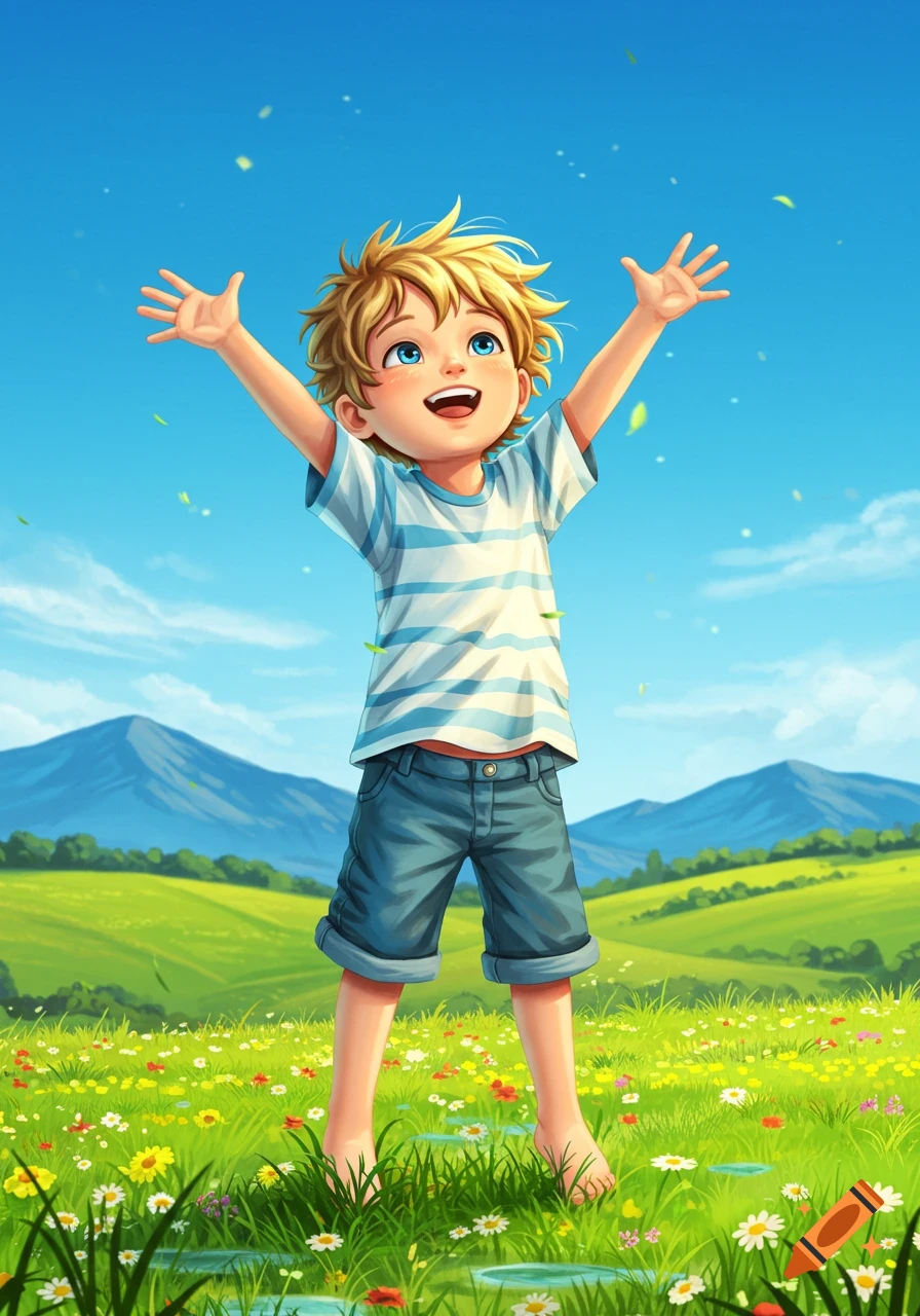 Happy illustrated young boy with blond hair, arms raised, standing barefoot in a vibrant green meadow with wildflowers under a blue sky.