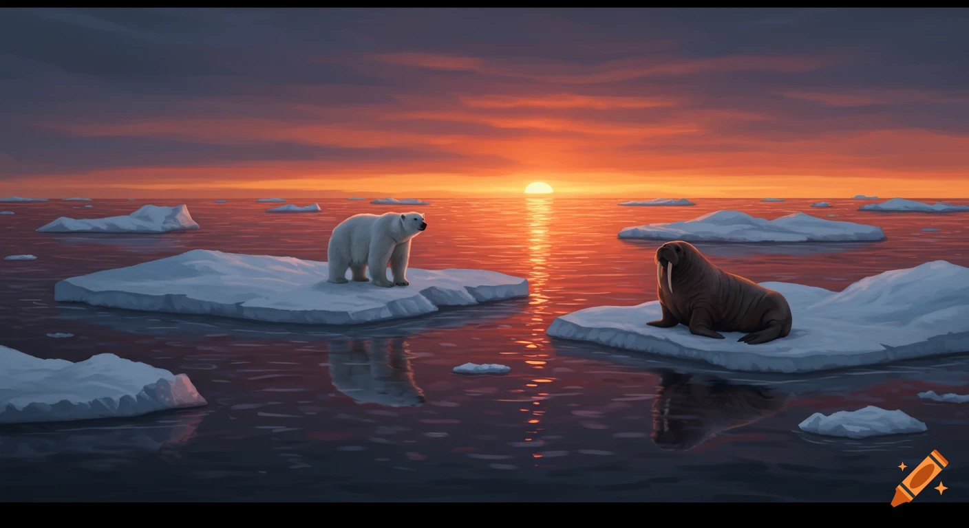 An illustration of a polar bear and a walrus on separate ice floes in a red-orange sunset ocean.