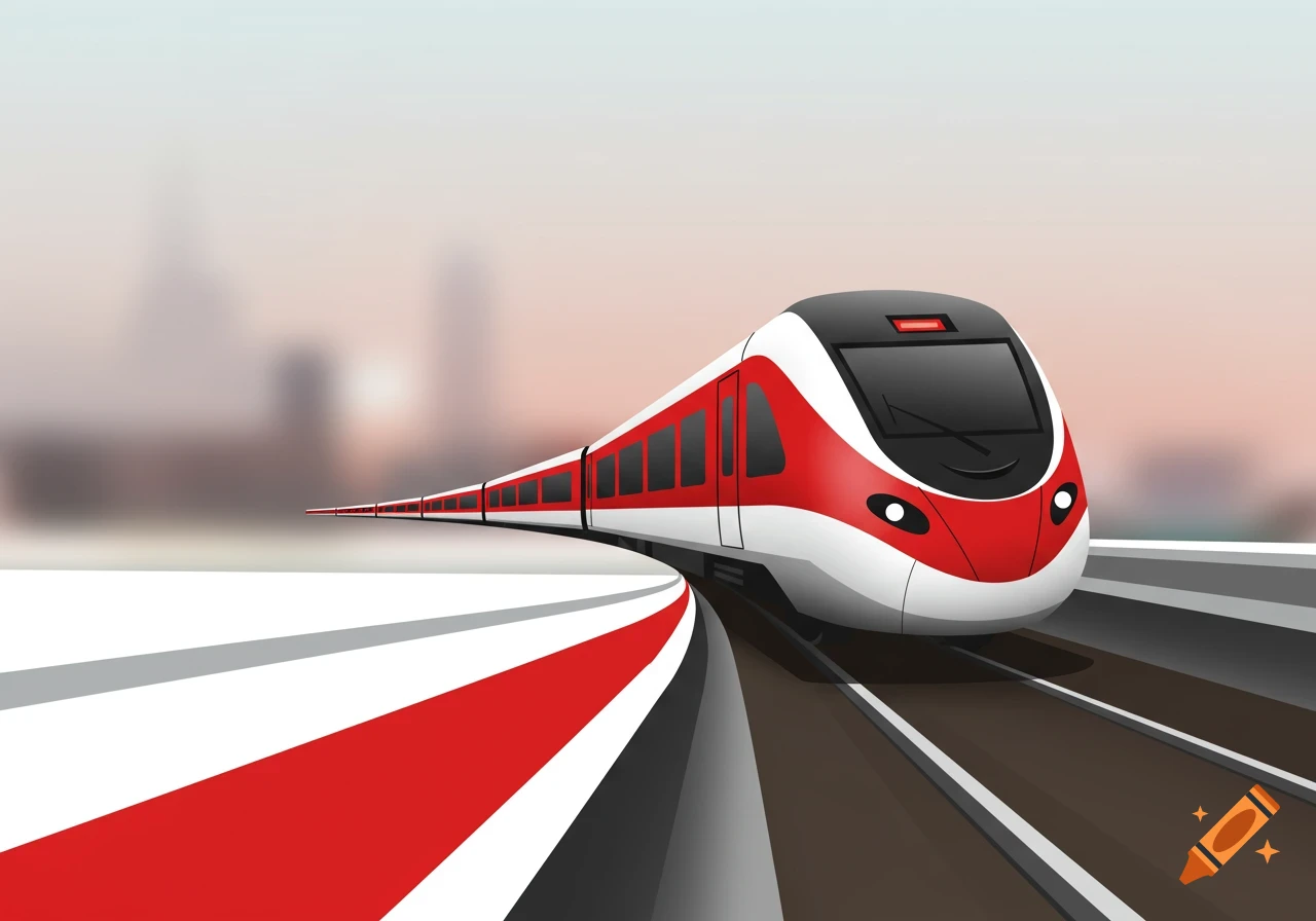 A red, white, and gray modern train on a curved track with a blurred city skyline background, in a simple illustrative style.