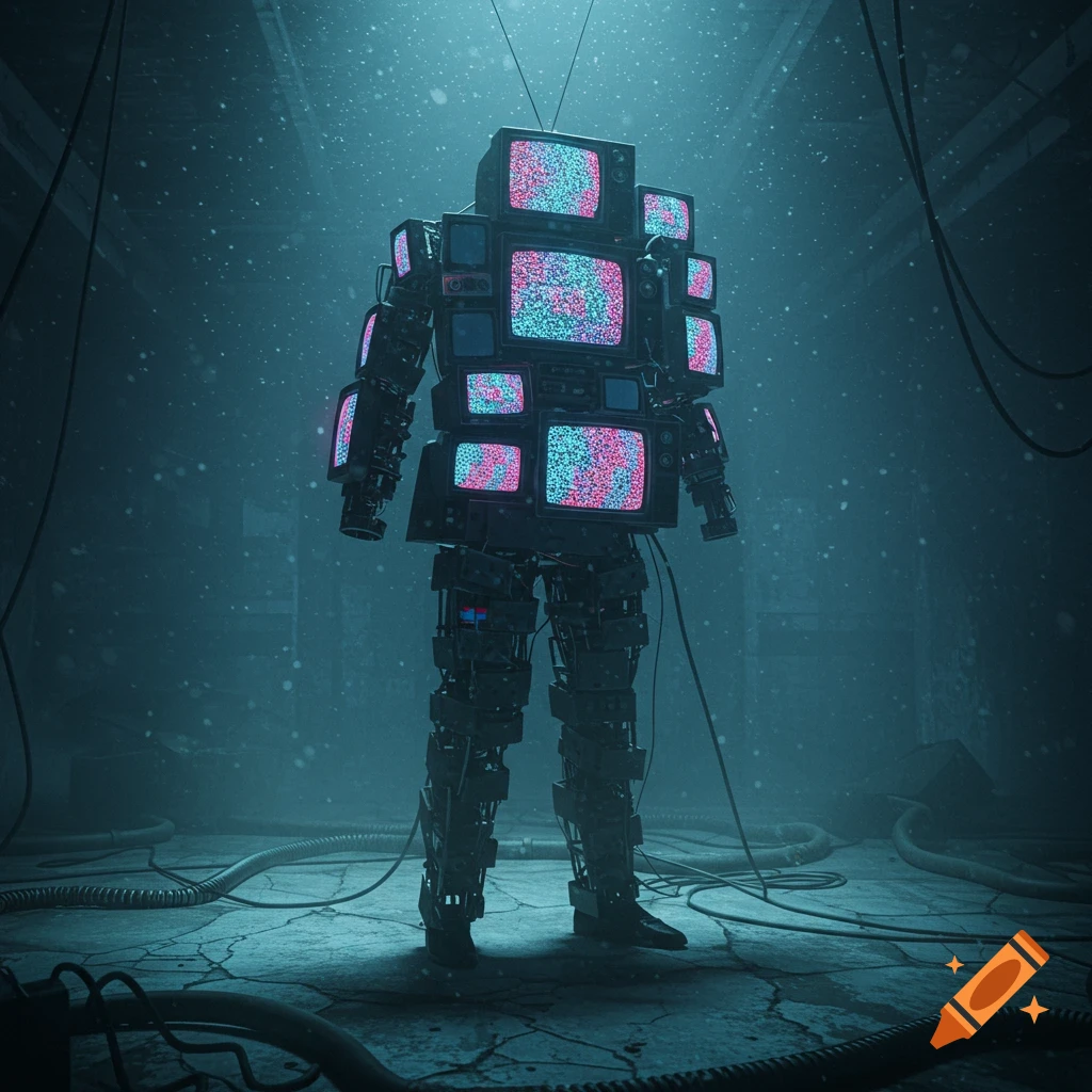 A humanoid figure constructed from old televisions with static screens stands in a dark, misty, industrial setting with wires.