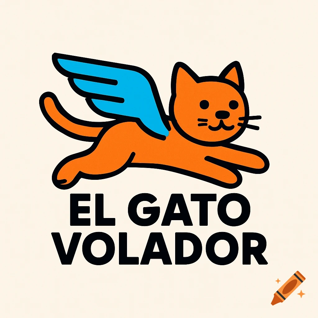 A modern, minimalistic logo of an orange cat with blue wings flying above the black text "EL GATO VOLADOR" on a creamy white background.