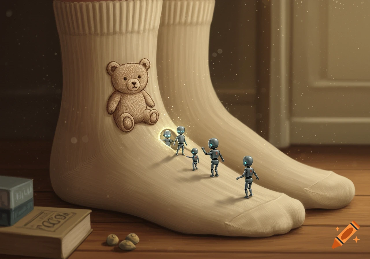 Close-up illustration of two oversized beige socks, one with a teddy bear patch. Tiny robots emerge from a glowing hole next to the bear. A book and seeds are on the wooden floor.