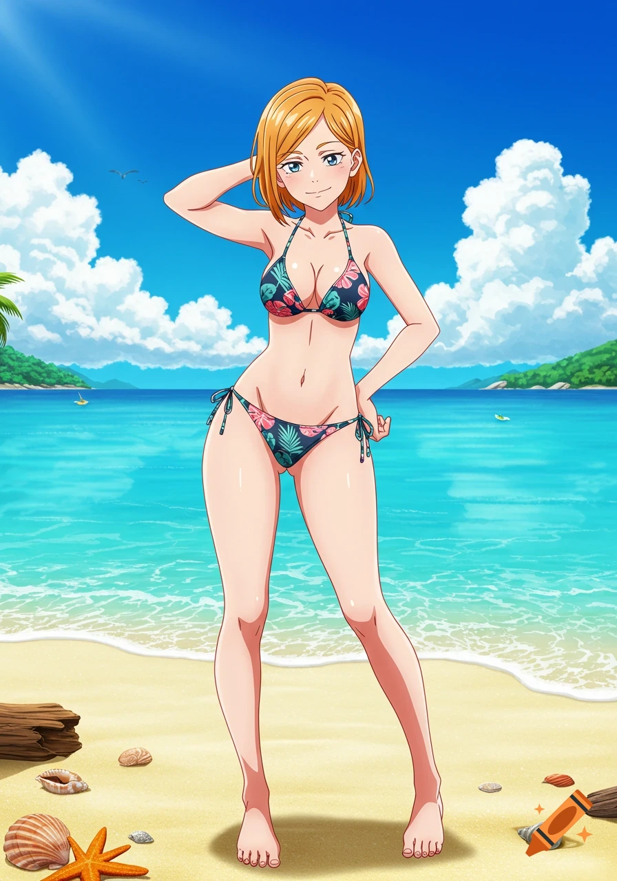 An anime girl in a floral bikini stands on a sunny beach with blue water and sky, smiling.