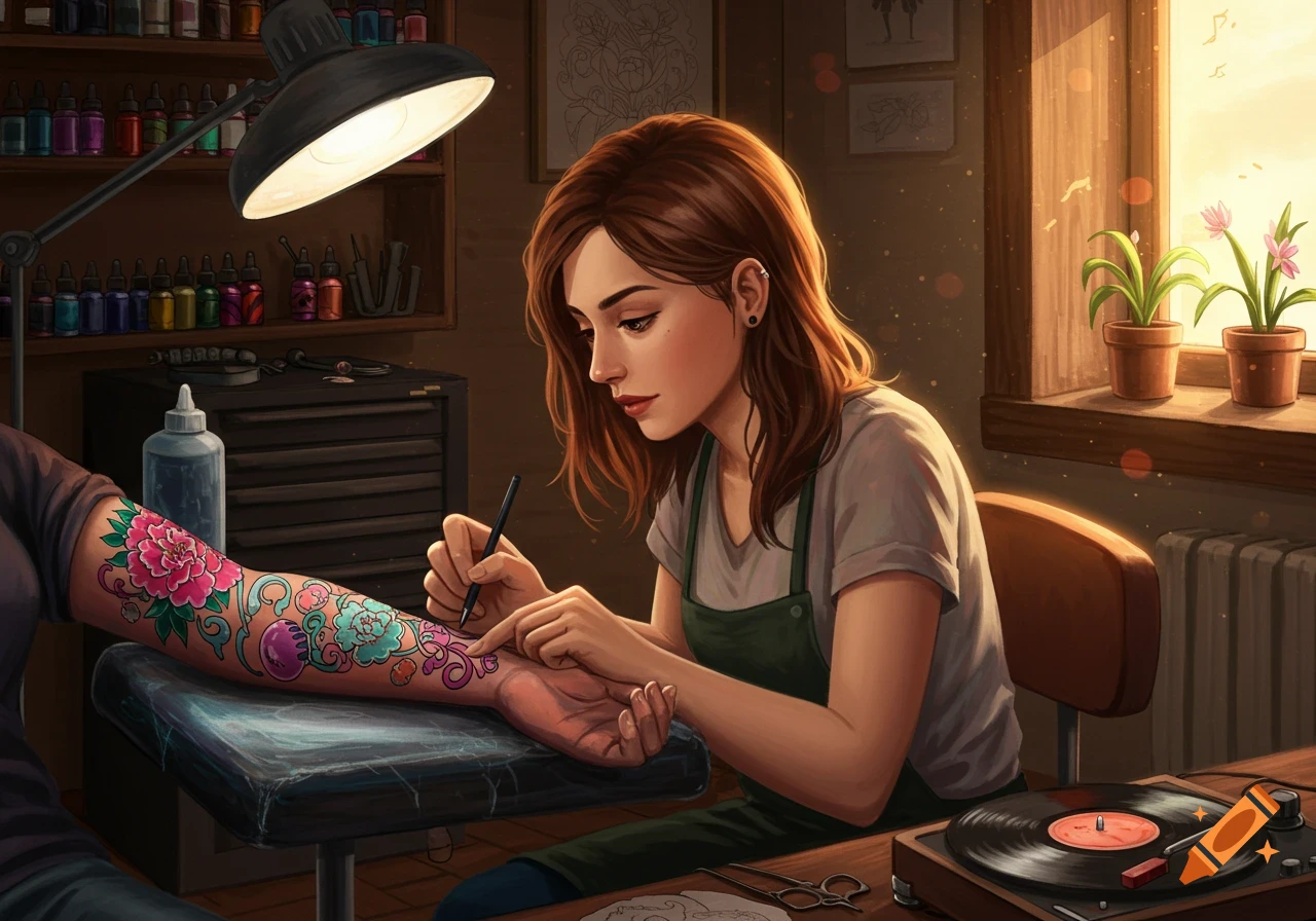 An illustrated image of a female tattoo artist carefully drawing a colorful floral and vine tattoo on someone's arm in a studio.