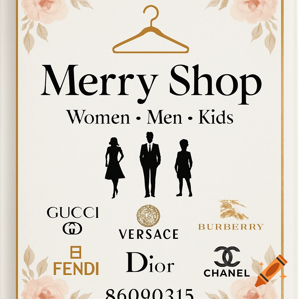 An elegant shop sign for 'Merry Shop' featuring a hanger, silhouettes of a woman, man, and child, and logos for luxury brands like Gucci, Versace, and Chanel, with floral accents.