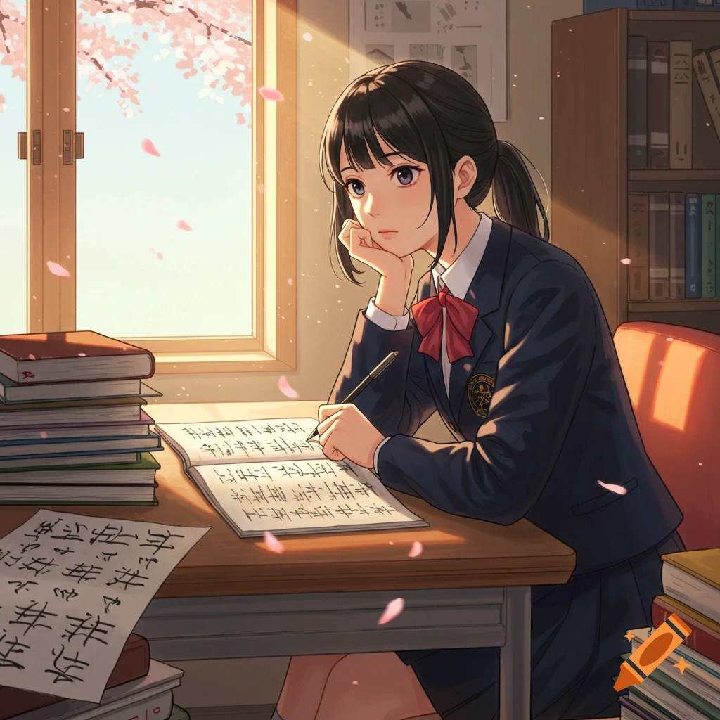 An anime-style female student with dark hair tied in pigtails, wearing a school uniform, studies at a wooden desk by a window. Cherry blossoms fall outside as sunlight streams in, illuminating her notebook and textbooks.
