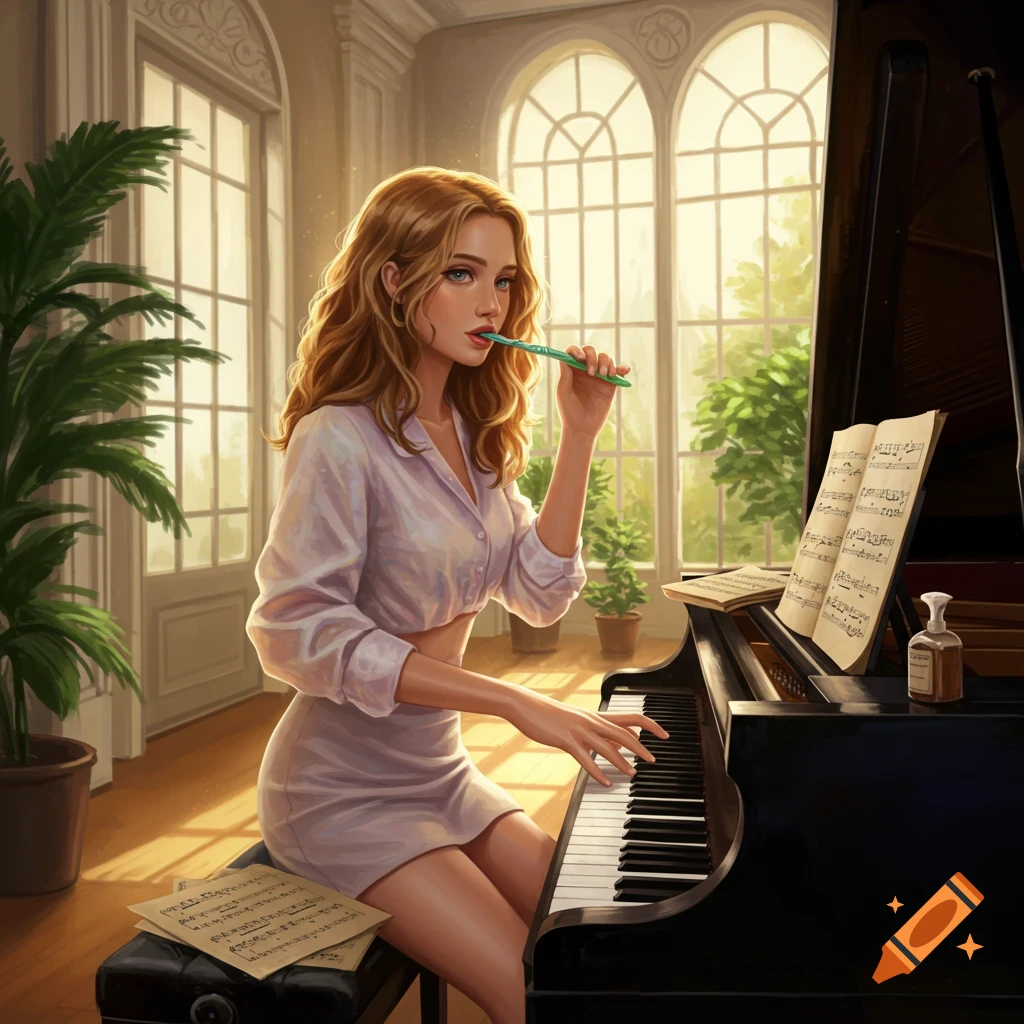 A woman with long hair sits at a grand piano in a sunlit room, holding a green pen to her mouth, surrounded by sheet music.