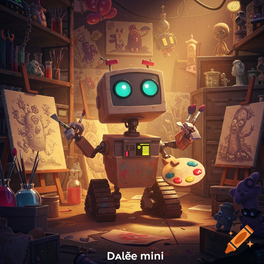 A charming robot artist with glowing green eyes, holding brushes and a palette, stands in a cluttered, warm art studio surrounded by its whimsical paintings.