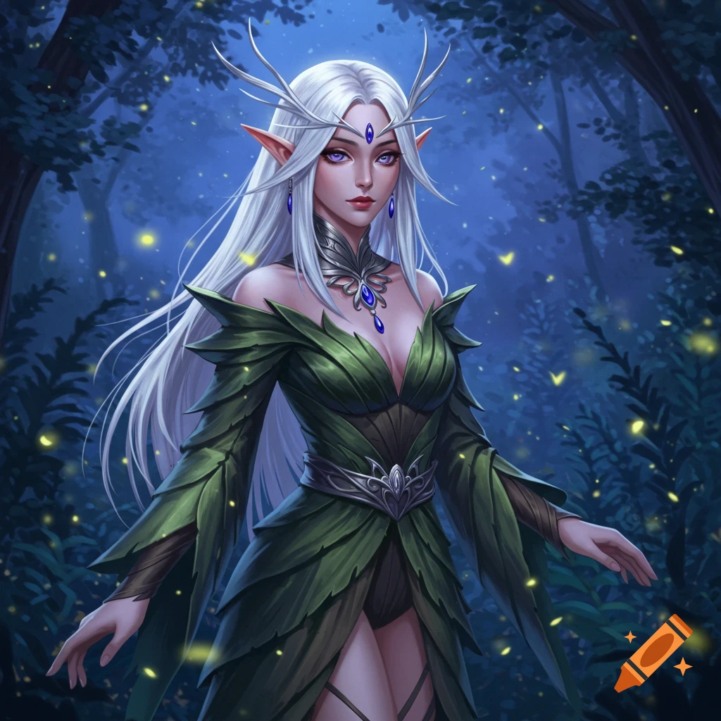 An elegant anime-style elf woman with long white hair, pointed ears, and a leafy green dress stands in a magical forest with fireflies.