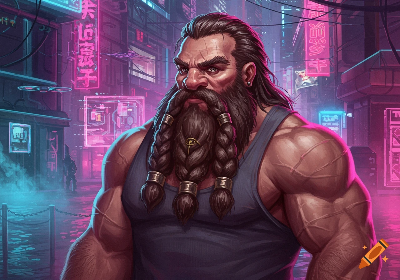 Muscular male dwarf with braided beard and long hair, wearing a tank top in a neon-lit cyberpunk city.