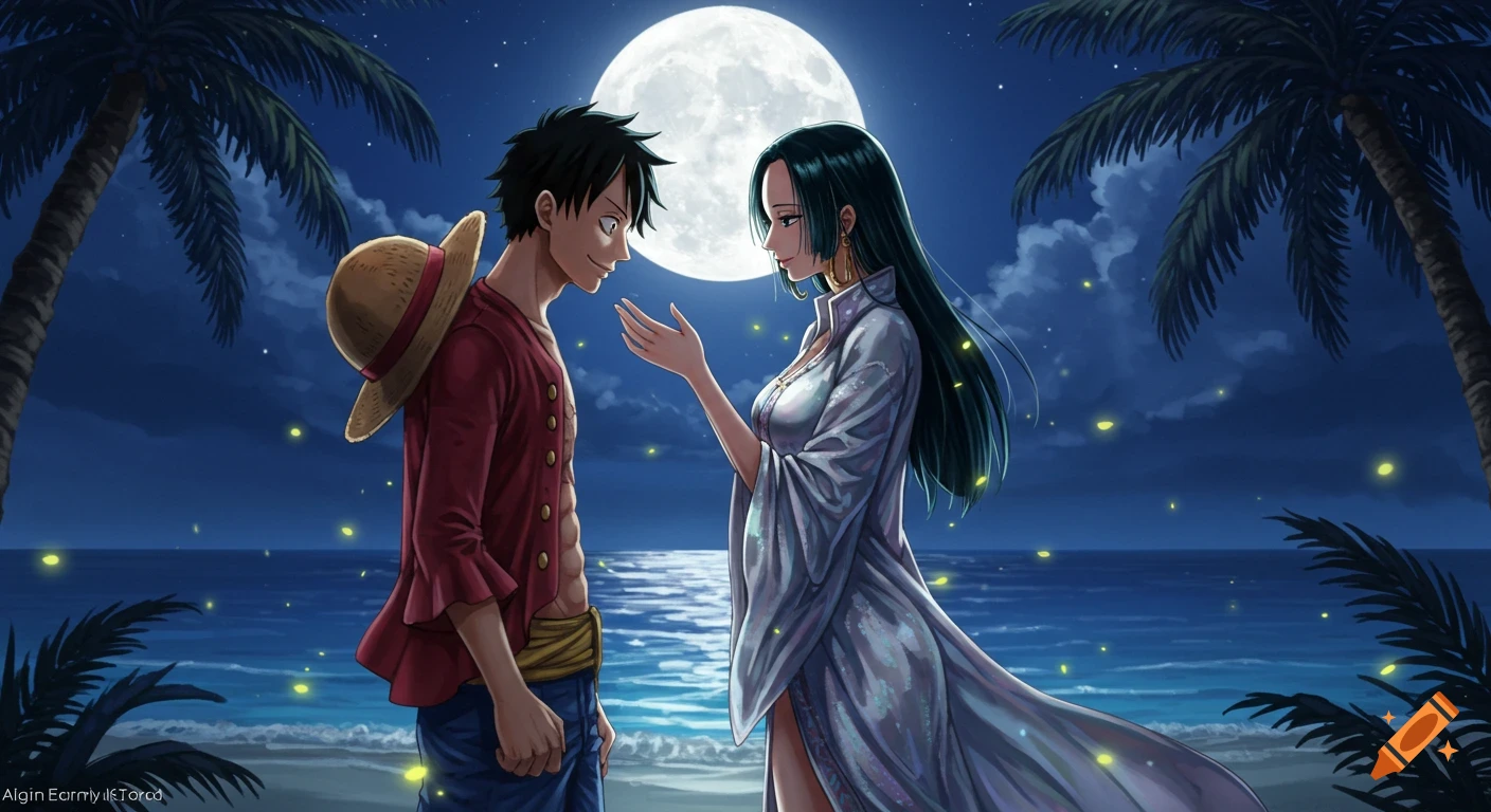 Luffy and Hancock from One Piece gaze at each other on a moonlit tropical beach with palm trees and fireflies, in anime style.