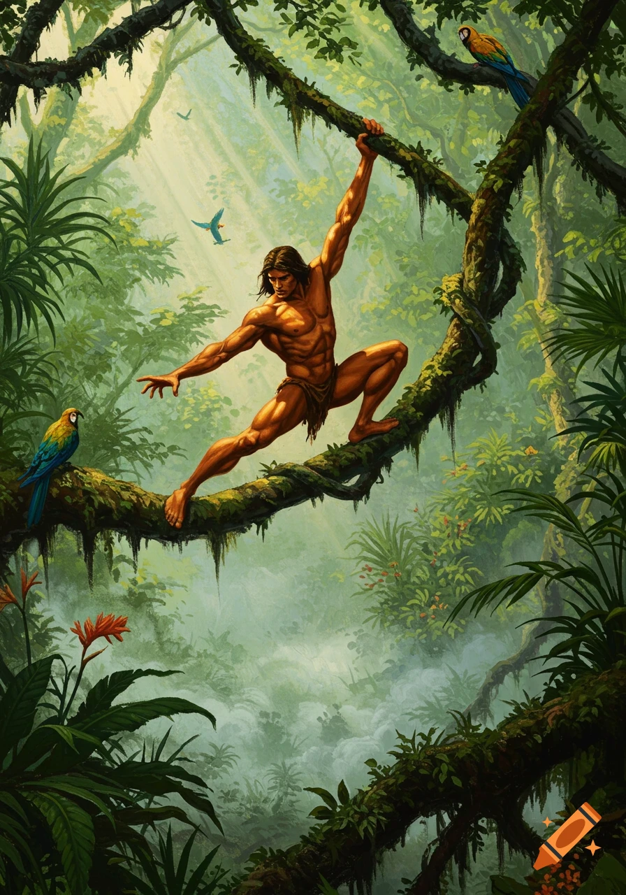 Muscular man in loincloth swings on a jungle vine, sunlight filters through dense trees, Frank Frazetta style.