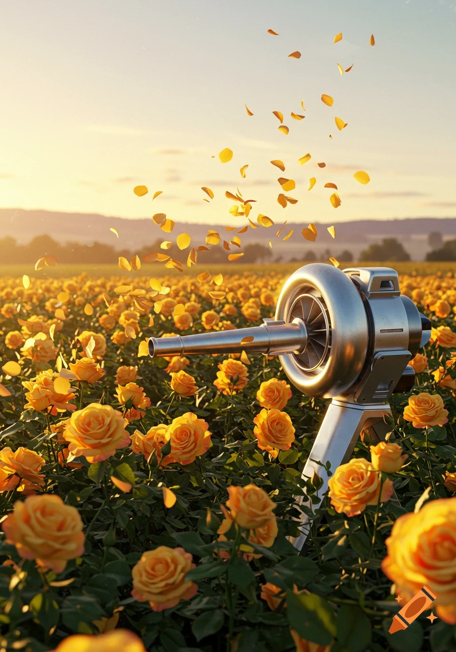 A shiny metallic turbo-like device in a field of yellow roses, blowing golden petals into the air during sunset.