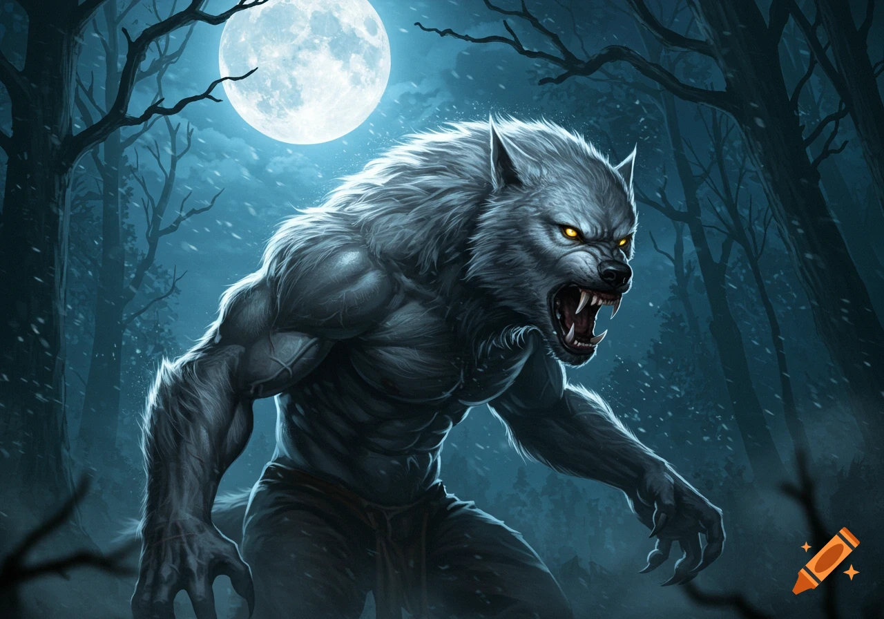 A ferocious werewolf with glowing yellow eyes stands in a dark forest under a bright full moon, with snow falling.
