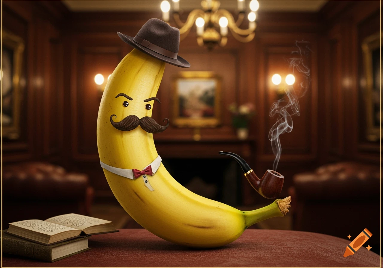 A photorealistic banana detective, complete with a hat, mustache, bow tie, and smoking a pipe, sits in a luxurious study.