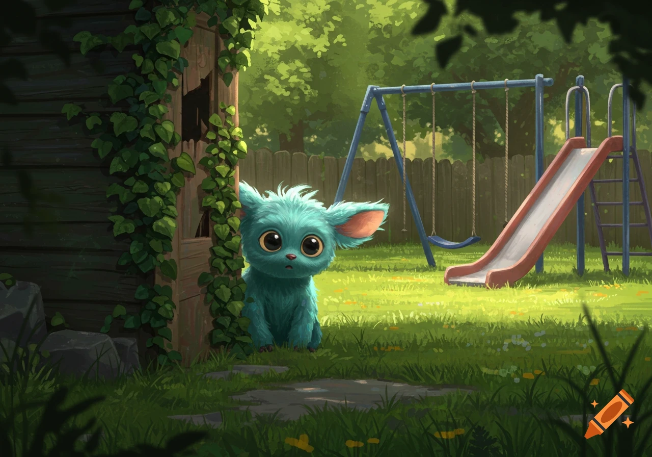 A cute, fluffy teal creature with large eyes peeks from behind a shed in a sunlit playground with a swing set and slide.