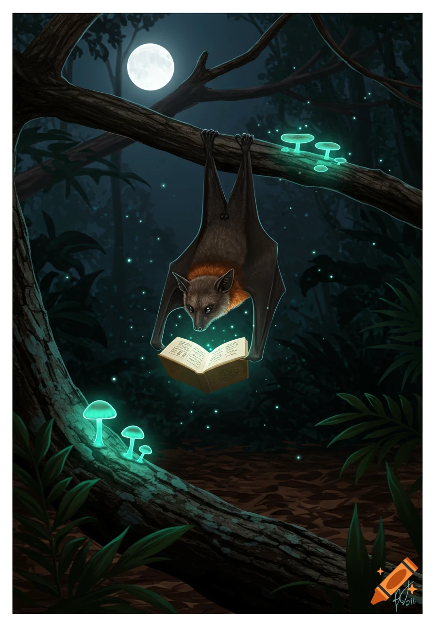 A fruitbat hangs upside down from a tree branch at night, illuminated by a full moon and glowing mushrooms, intently reading an open book.