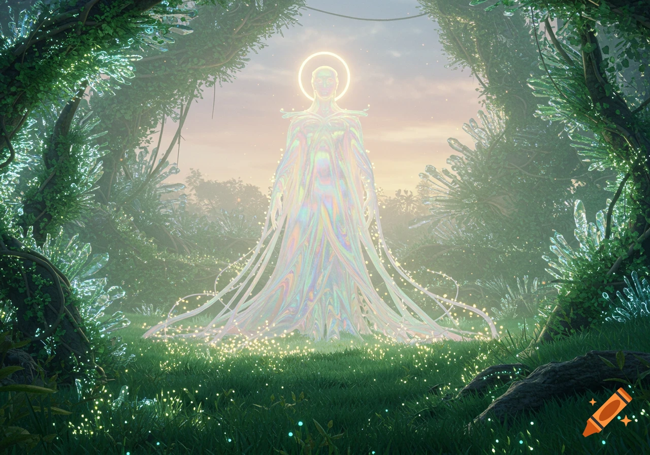 An ethereal, glowing figure with a halo stands amidst a lush, mystical forest filled with shimmering crystals and luminous grass.