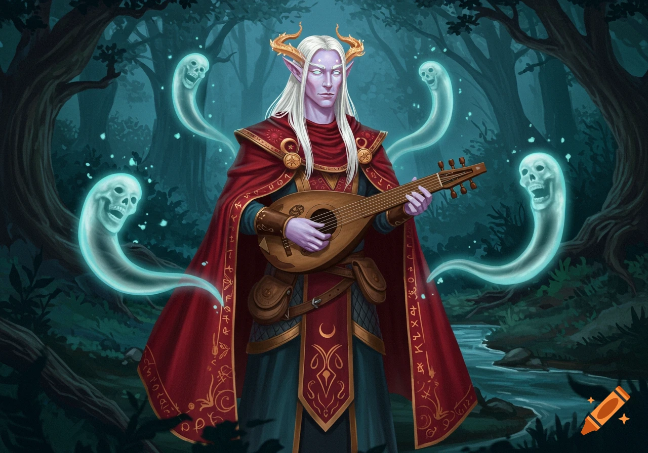 White-haired, purple-skinned elven bard with horns plays a lute in a dark forest, surrounded by glowing ghost skulls. Digital painting.