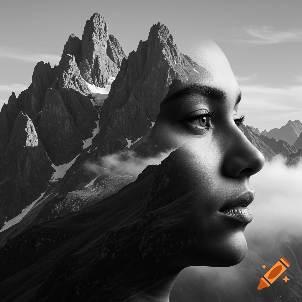 A black and white double exposure of a woman's profile overlaid with jagged mountains and clouds.