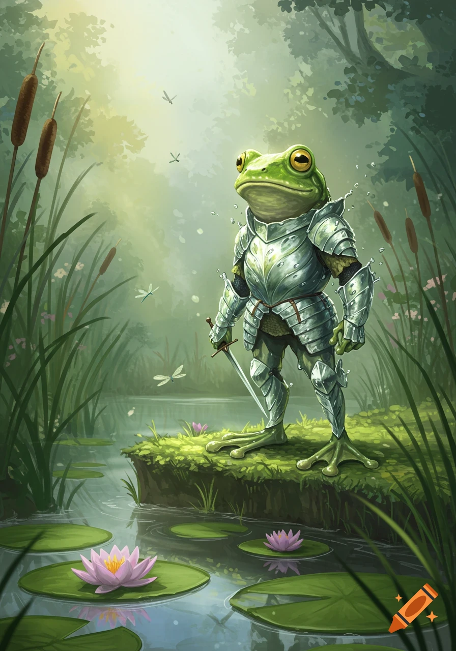 A green frog in shining silver armor holds a sword, standing on a grassy bank by a pond with lily pads and dragonflies, in a fantasy illustration.