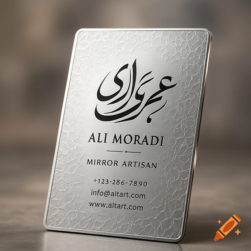 A shiny metallic business card with elegant black Arabic calligraphy and English text 'ALI MORADI, MIRROR ARTISAN', and contact details.
