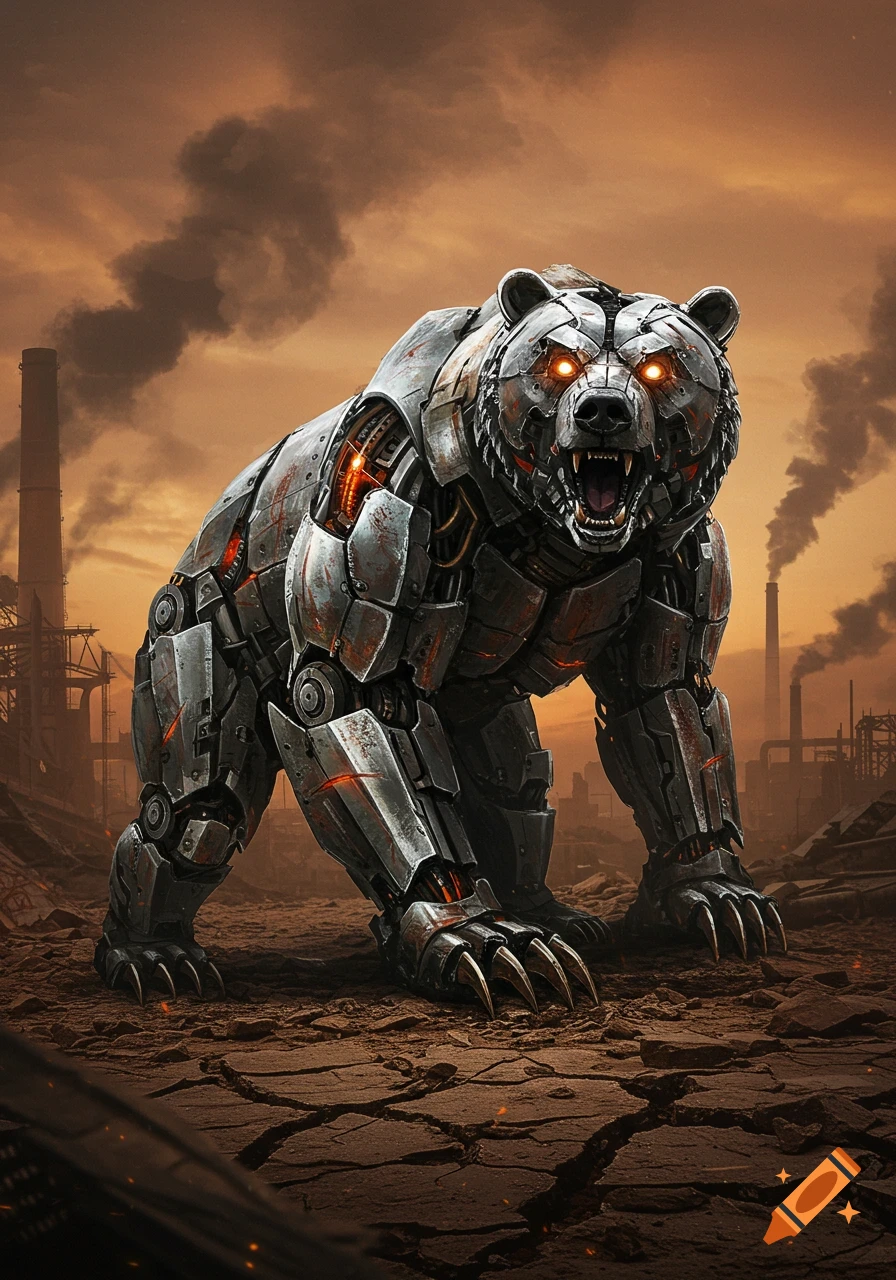 A massive, photorealistic robotic bear with glowing red eyes and sharp claws stands in a desolate, smoky, post-apocalyptic industrial landscape.