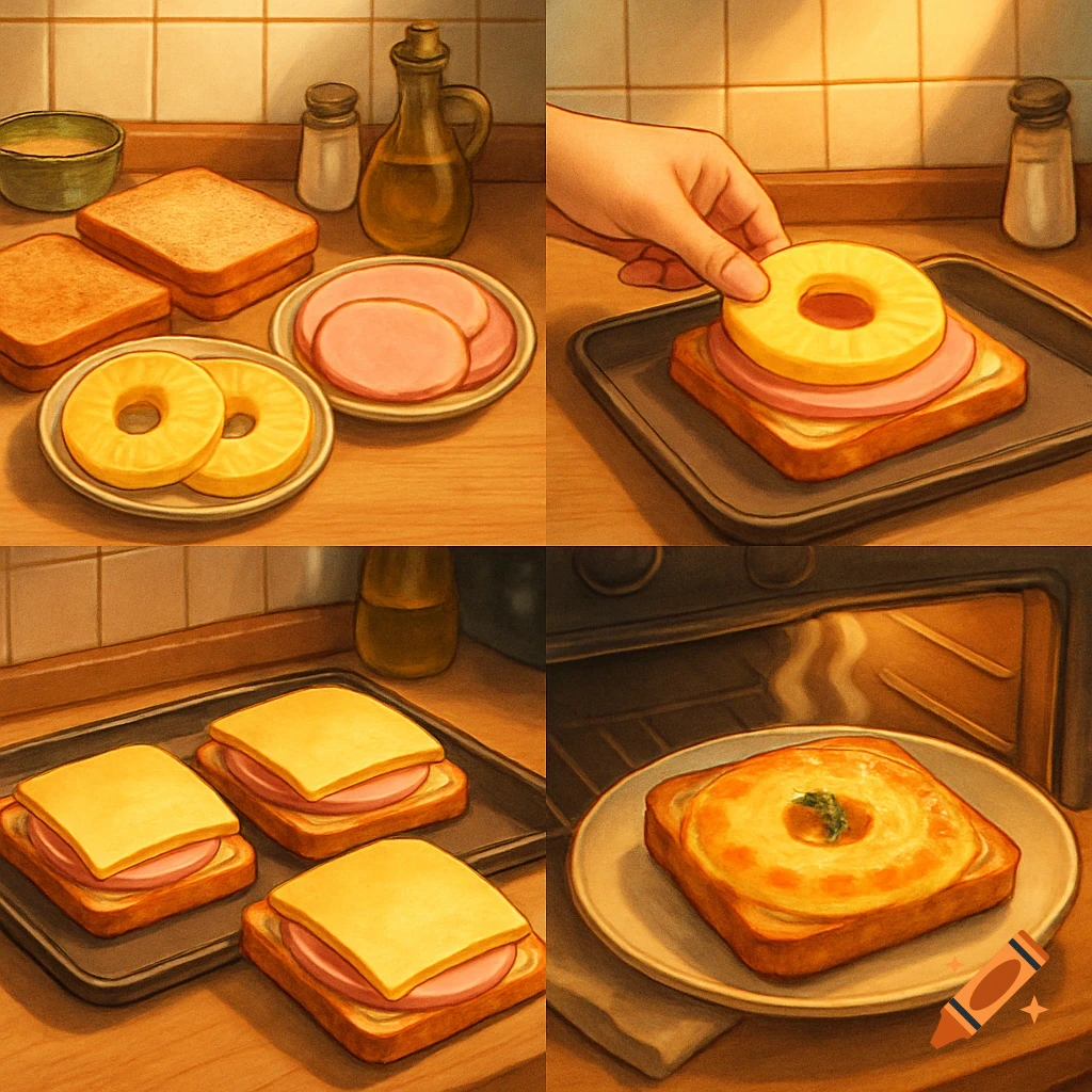 A four-panel illustrated guide showing the steps to prepare and bake Toast Hawaii with bread, ham, pineapple, and cheese.