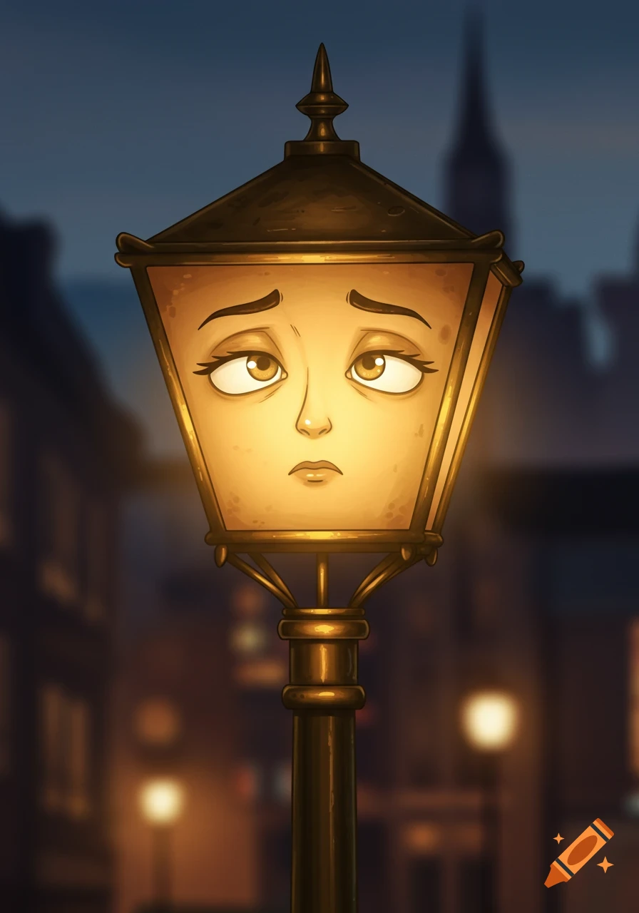 A cartoon illustration of a vintage streetlamp with a sad, glowing face, against a blurry night city background.